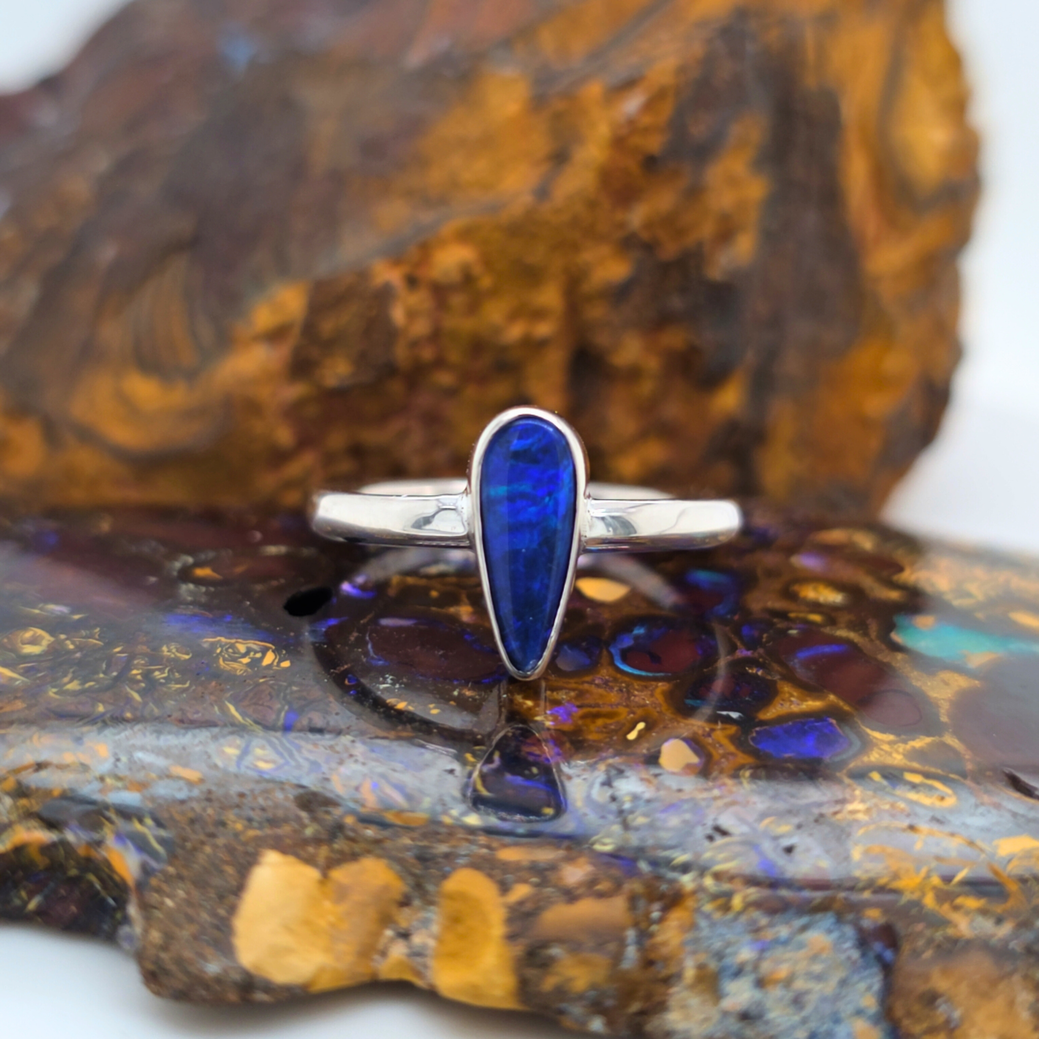 Pear Cut Coober Pedy Opal Ring – Palladium Silver, Size T