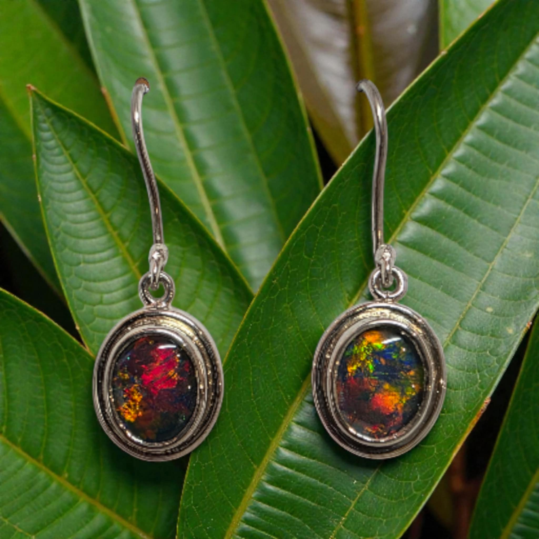 Palladium Silver Opal Triplet Drop Earrings