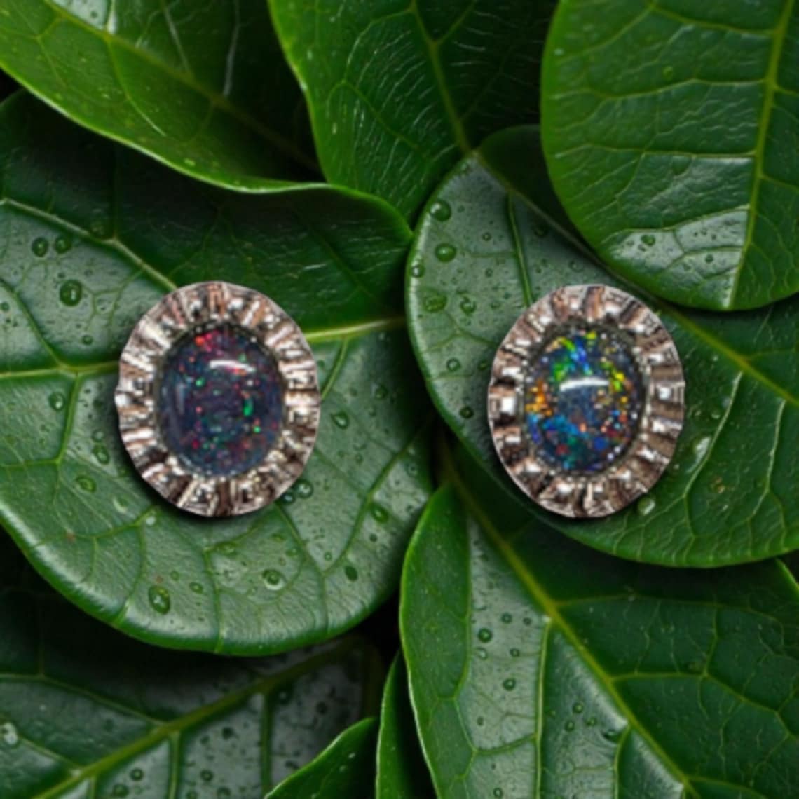 Palladium Silver Opal Triplet Stud Earrings