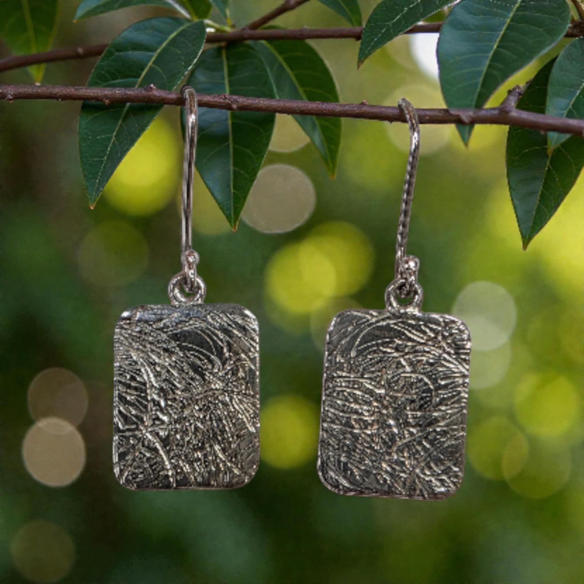 Silver Textured Rectangle Drop Earrings