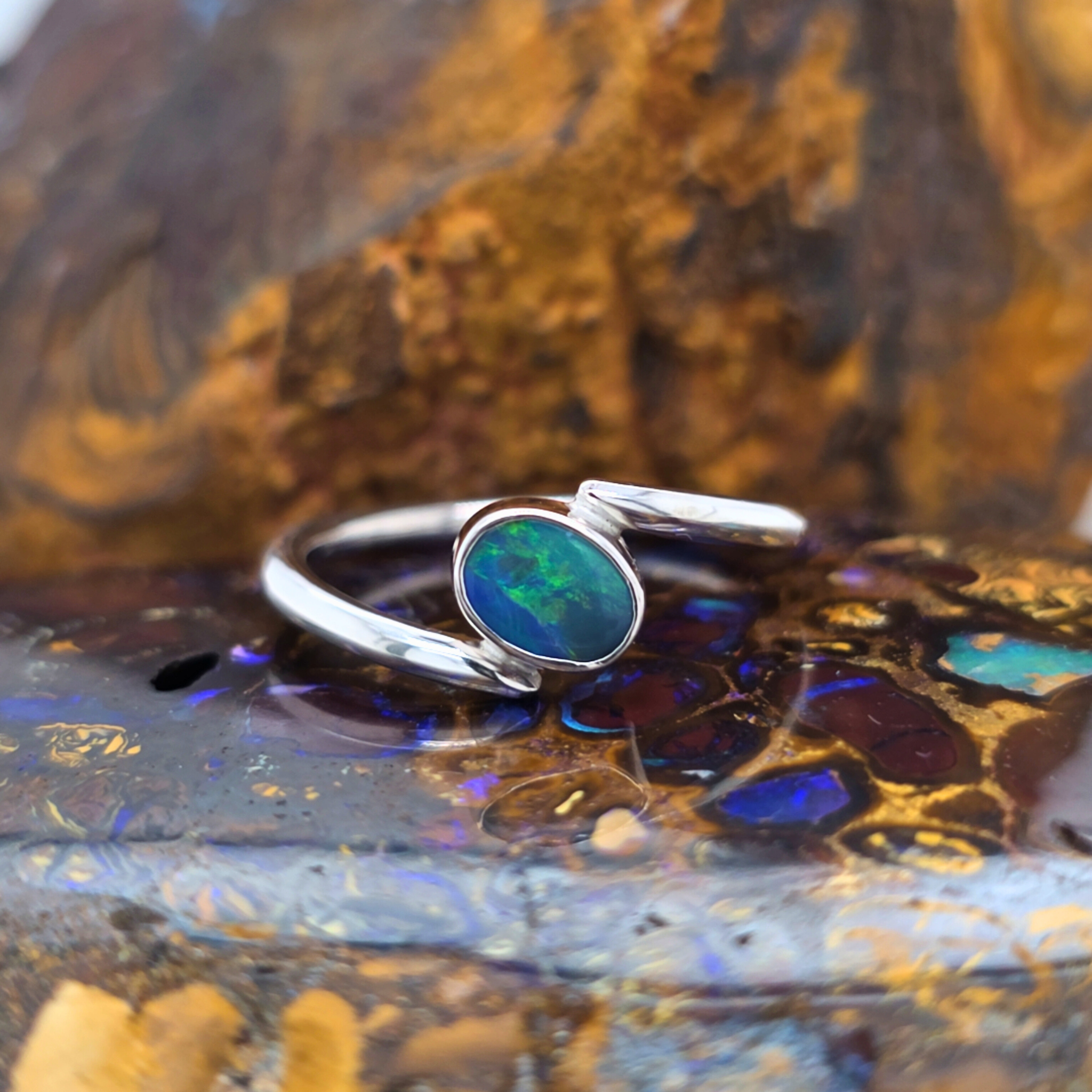 Oval Opal Doublet Ring – Palladium Silver, Size T