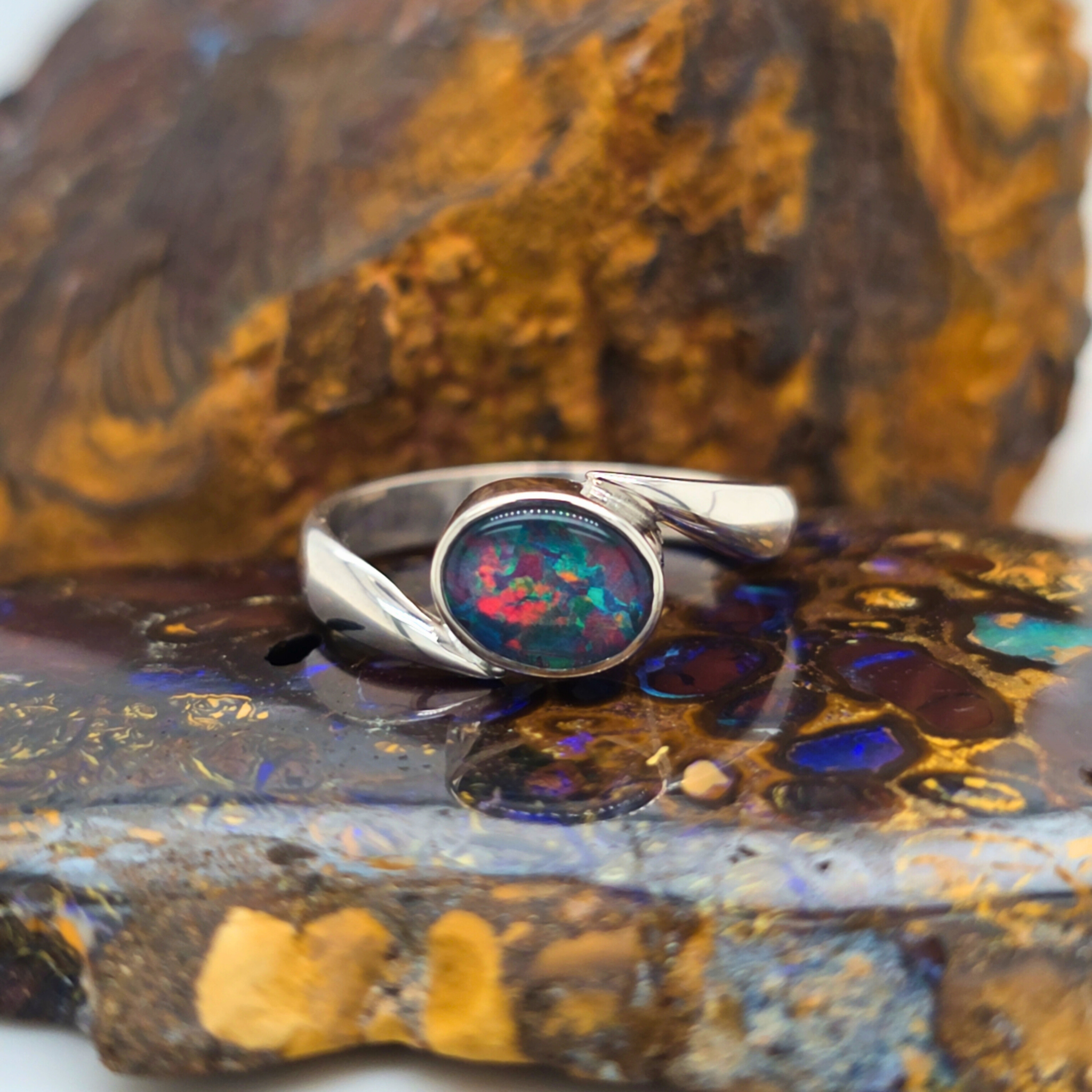 Oval Opal Doublet Bypass Ring – Palladium Silver, Size W