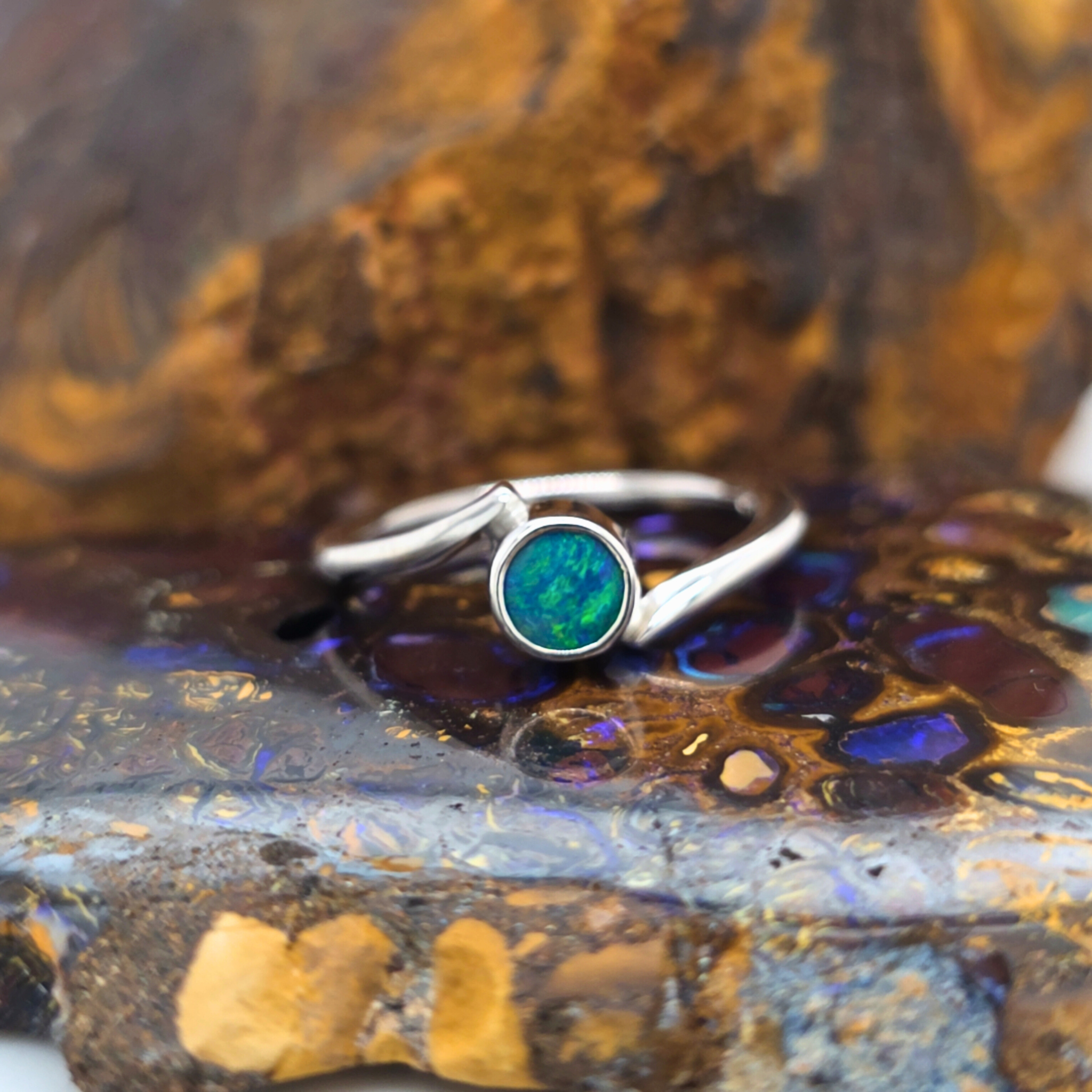 Round Opal Doublet Ring – Palladium Silver, Size N