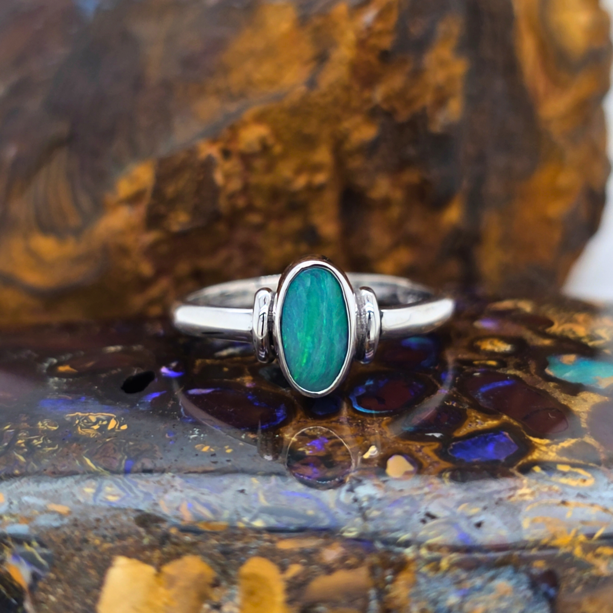 Oval Opal Doublet Ring – Palladium Silver, Size T