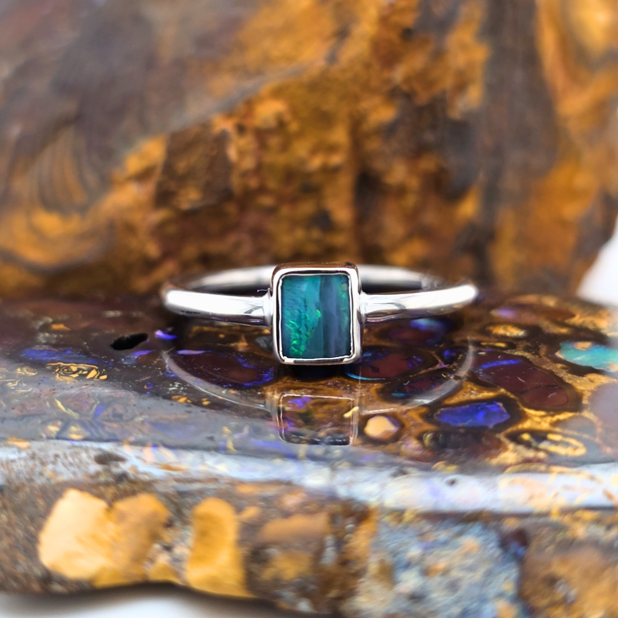 Rectangular Opal Doublet Ring – Palladium Silver, Size U