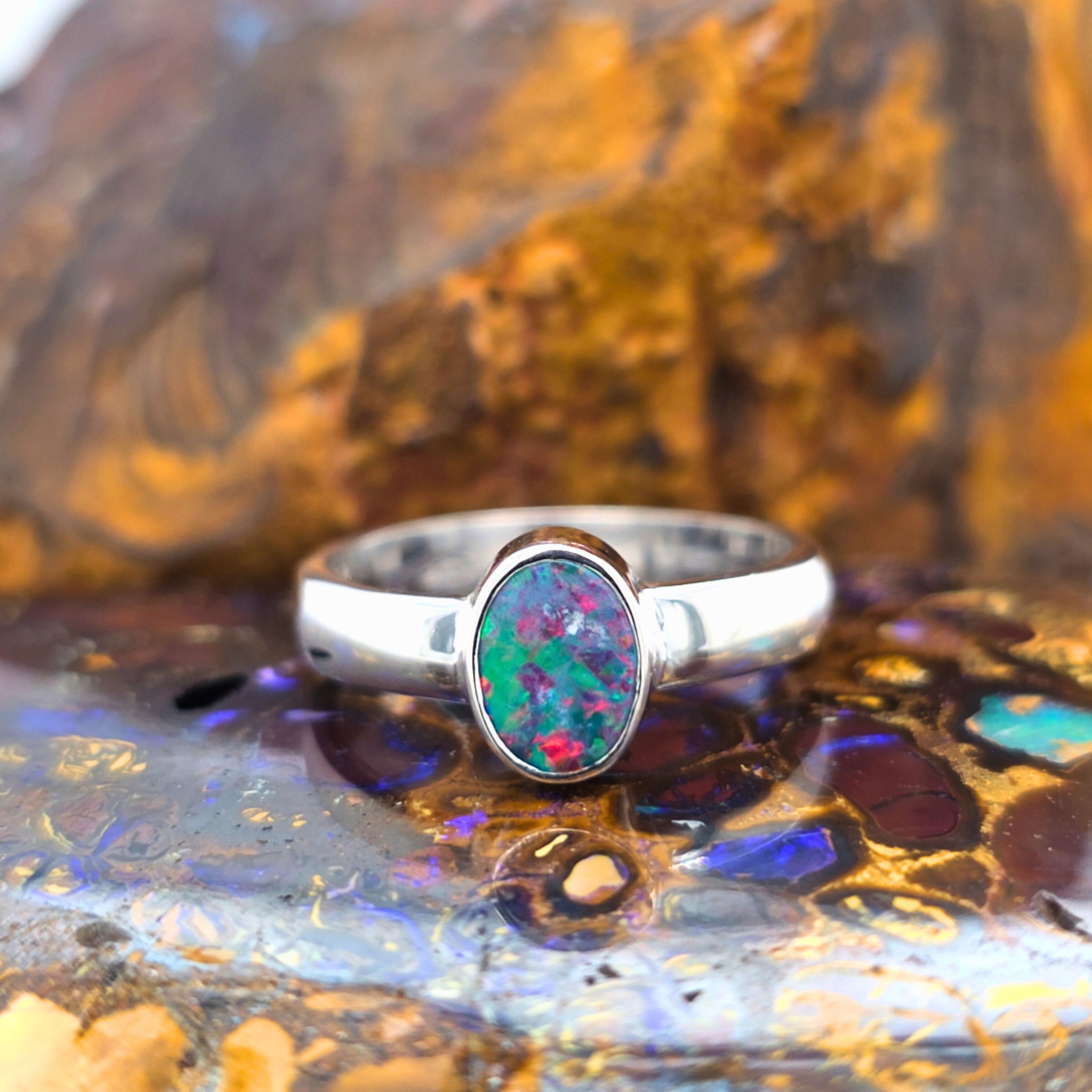Coober Pedy Doublet Opal Ring – Palladium Silver, Size R