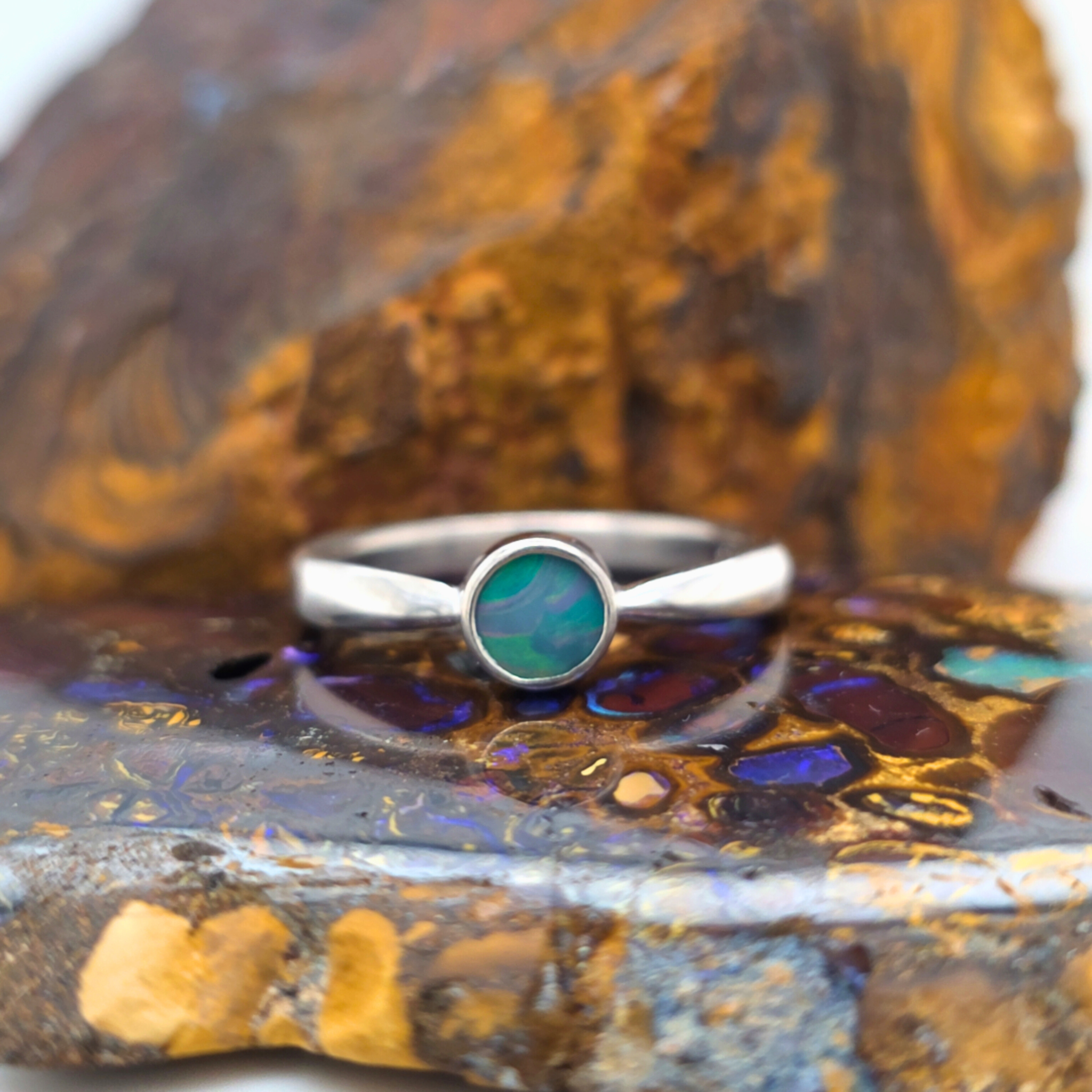 Round Opal Doublet Ring – Reverse Taper Band, Size U