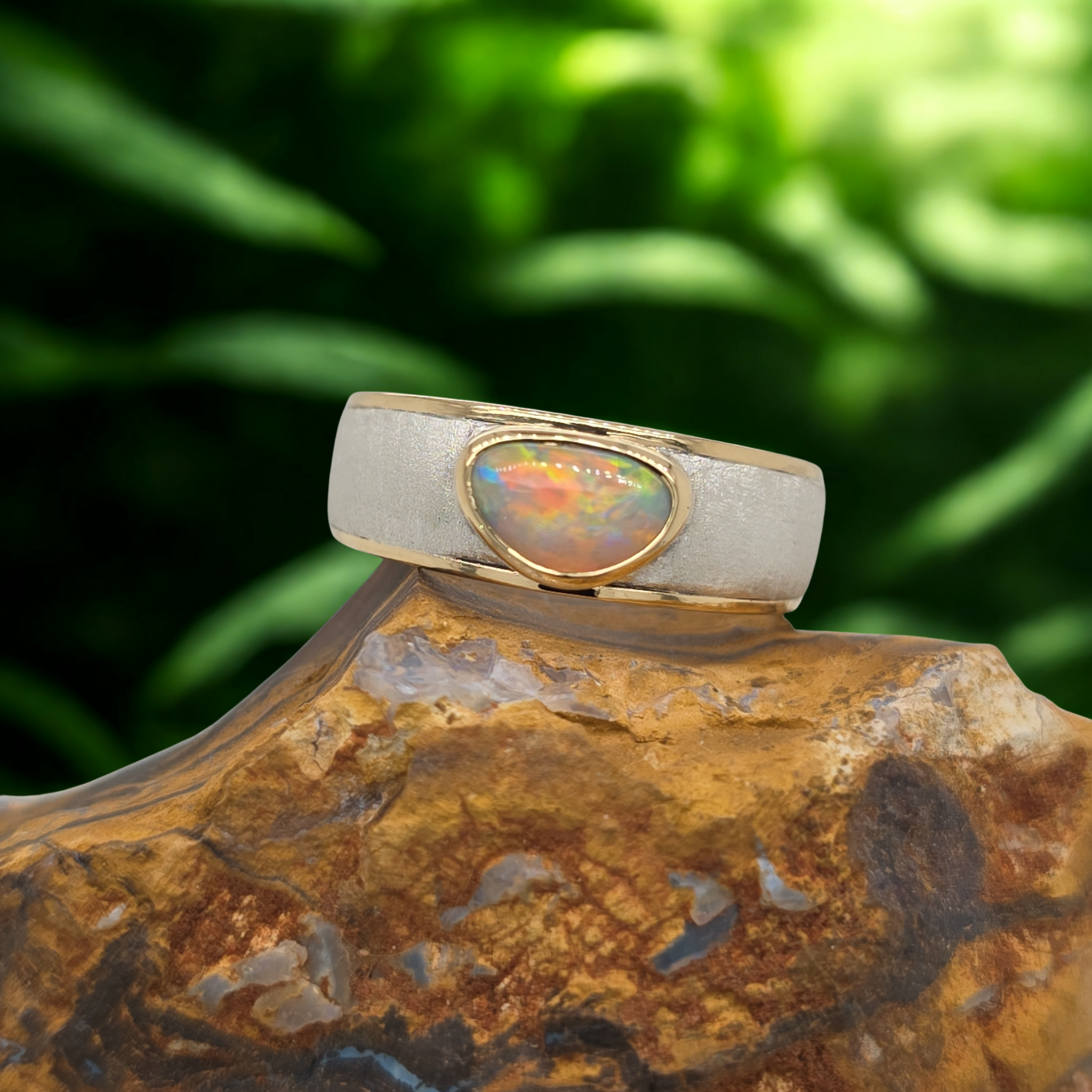 0.79ct Solid Opal Ring – Argentium Silver & 18ct Gold, Size Q