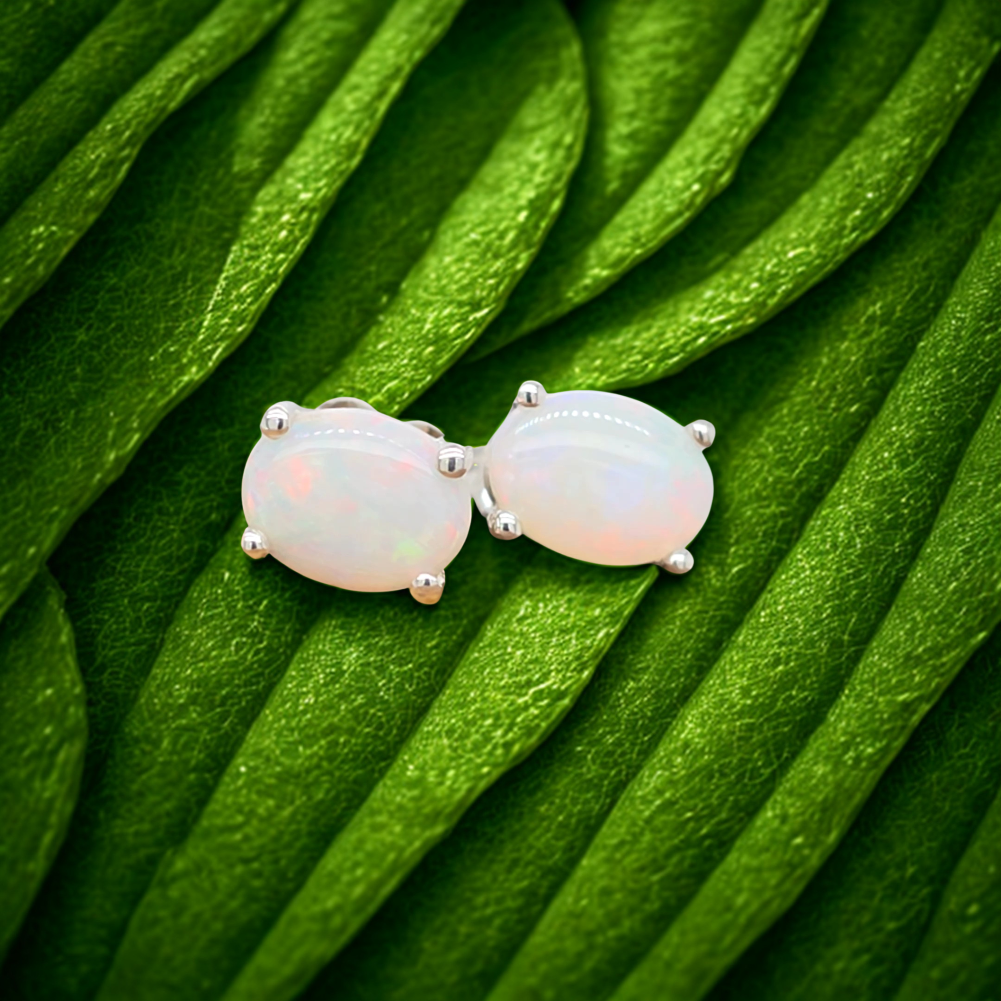 White Opal Studs – Sterling Silver, 8x6mm Oval Cut