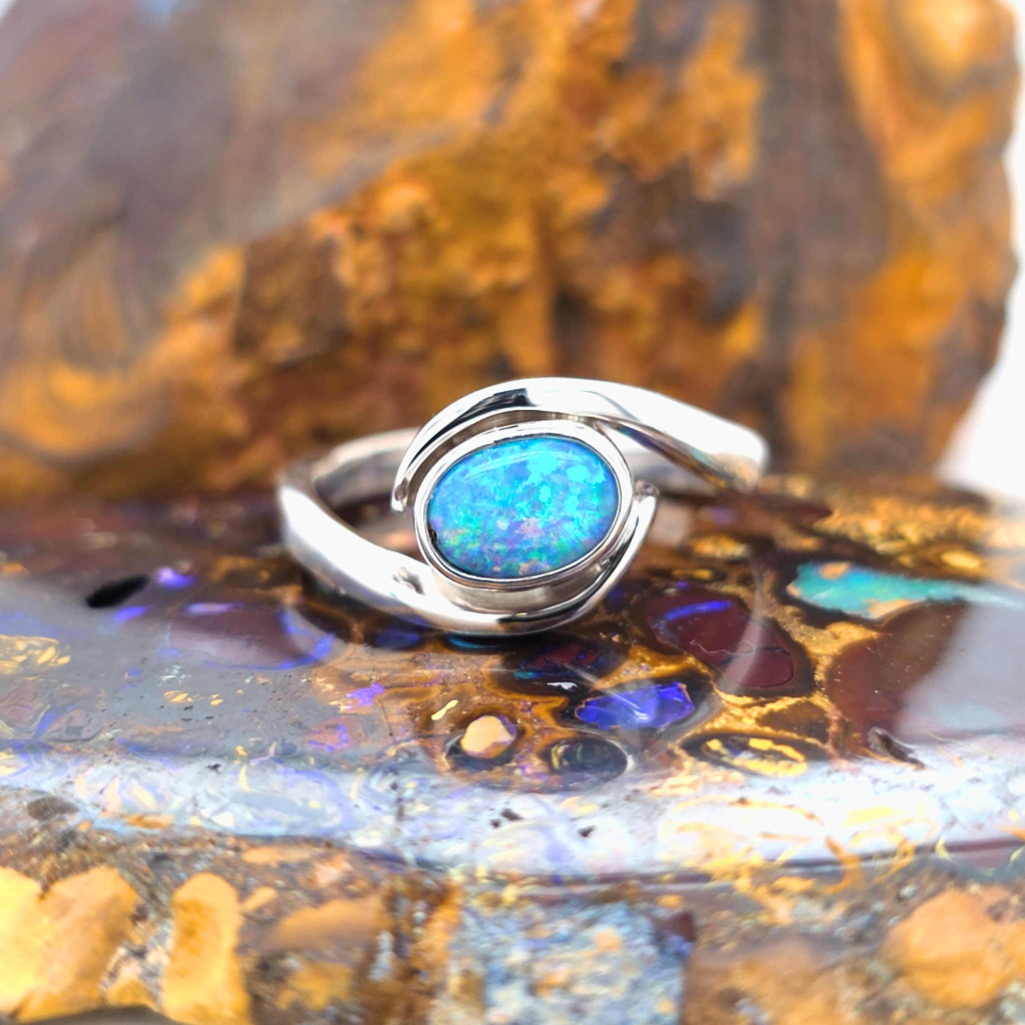 Oval Opal Bypass Ring – Palladium Silver, Size S