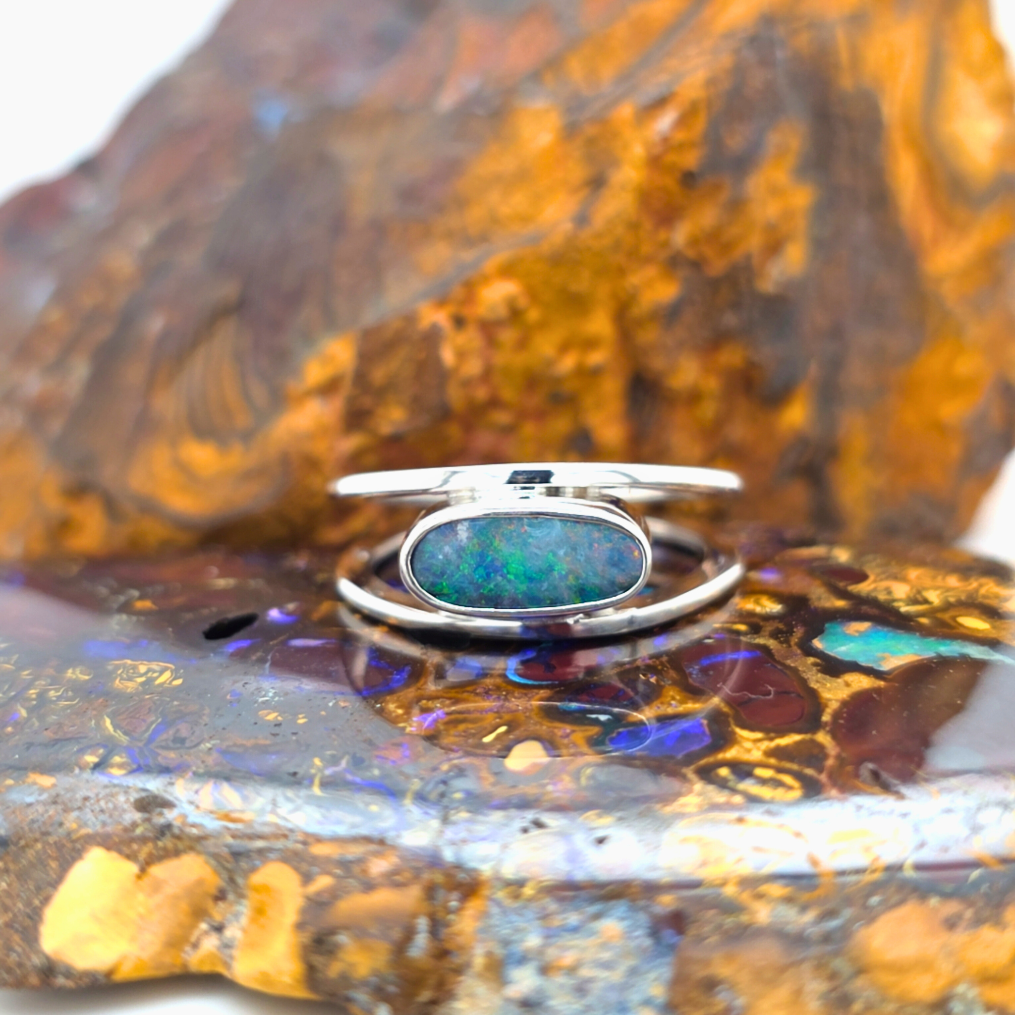 Elongated Opal Ring – Palladium Silver, Size Q