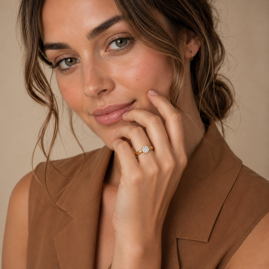 Model wearing the Amelie yellow gold solitaire ring, hand resting against the chin