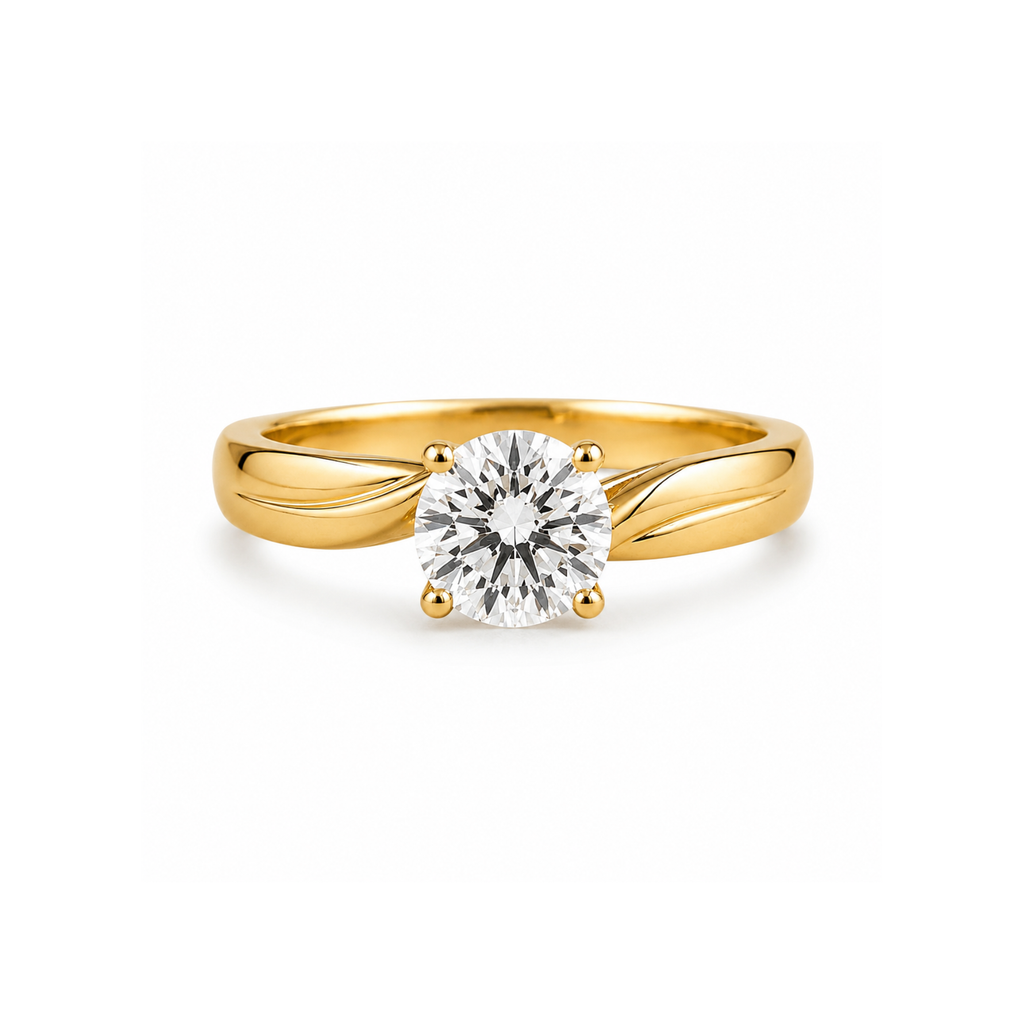Amelie solitaire engagement ring in yellow gold with a round brilliant diamond, viewed from above
