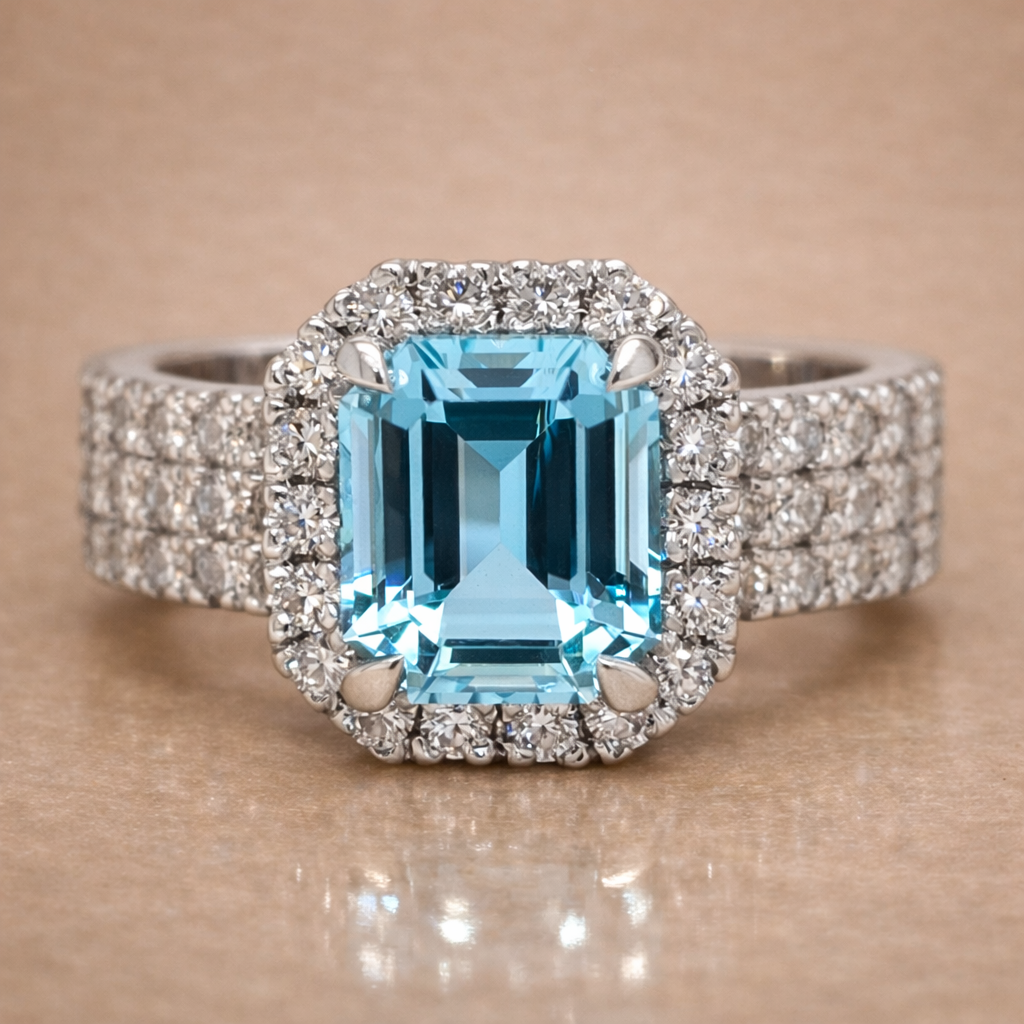 Elegant ring with a blue gemstone and diamond accents on a beige background