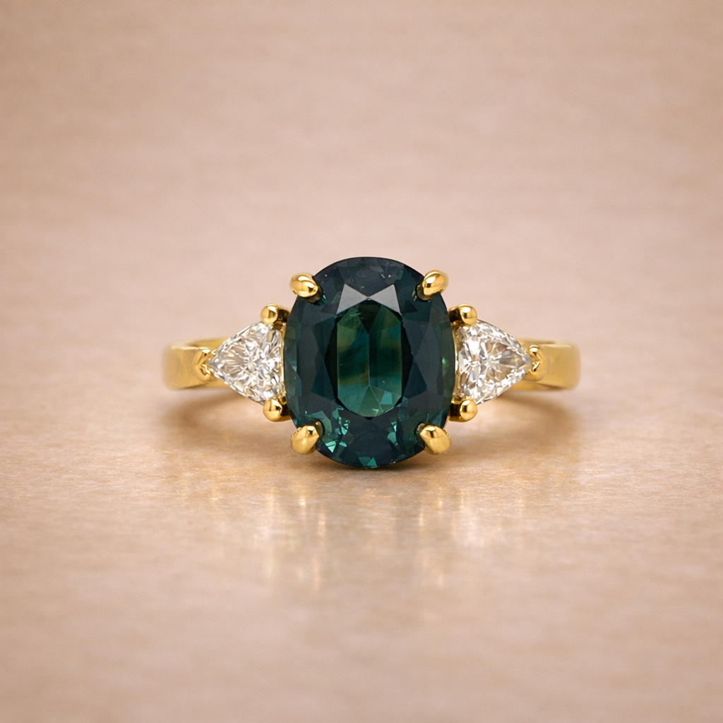 Australian Green Sapphire Ring with Trilliant Cut Diamonds - Metal & Stone Jewellers