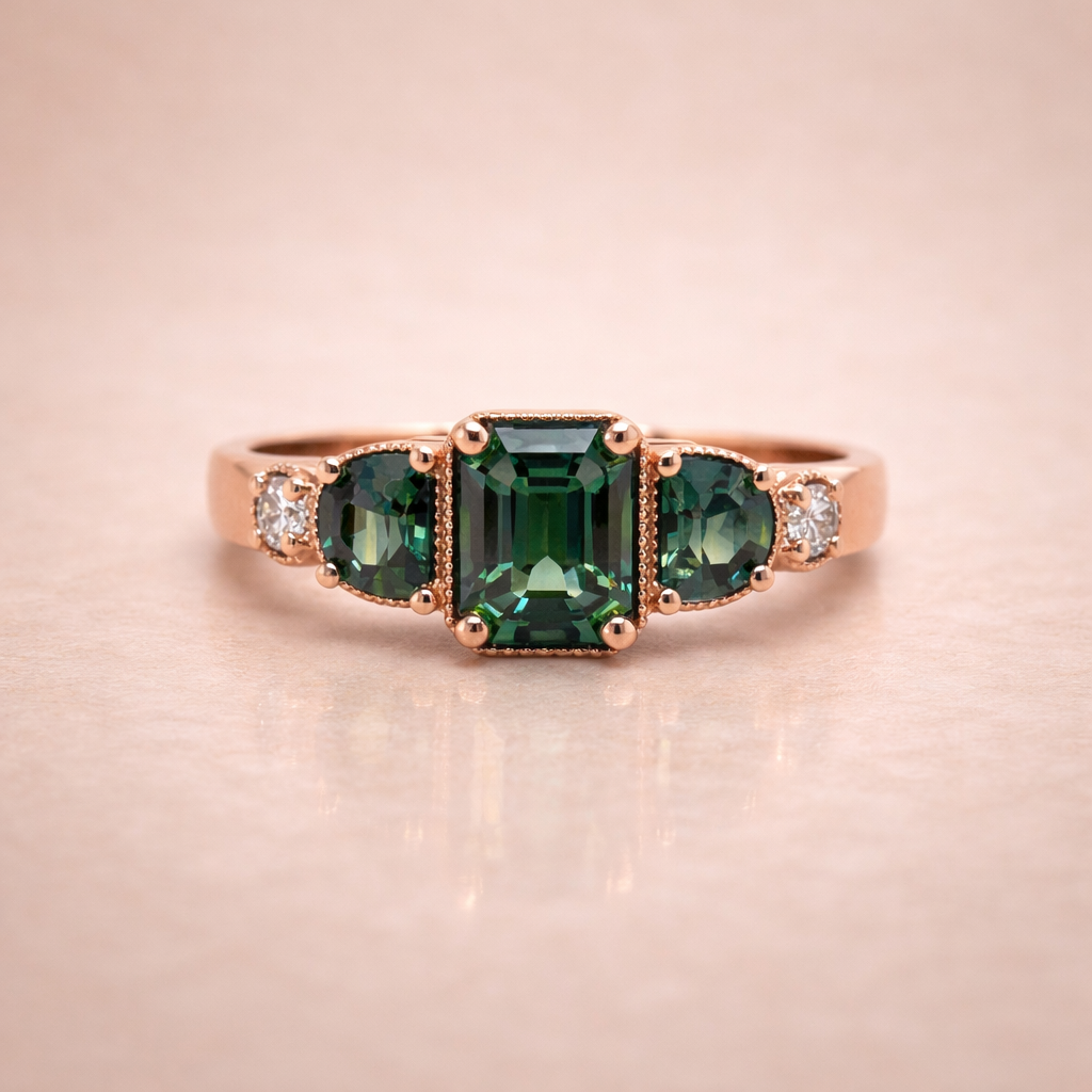 Australian Sapphire Ring with half moon cut Green Sapphires - eat & Stone Jewellers