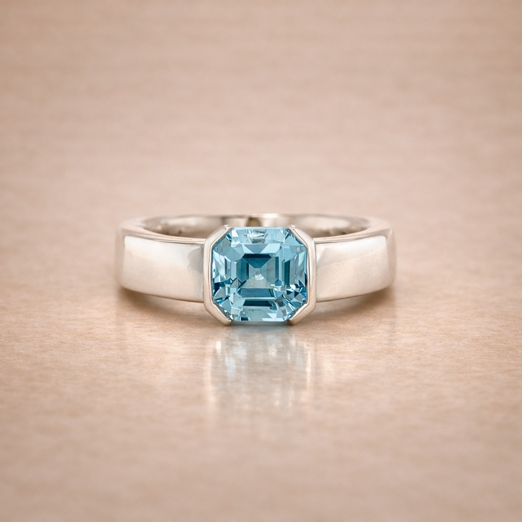 Blue Square Emerald Cut Topaz Ring Semi Bezel Set in White Gold - Metal & Stone Jewellers