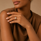 Clarisse solitaire ring worn on a model's hand, yellow gold band with round diamond