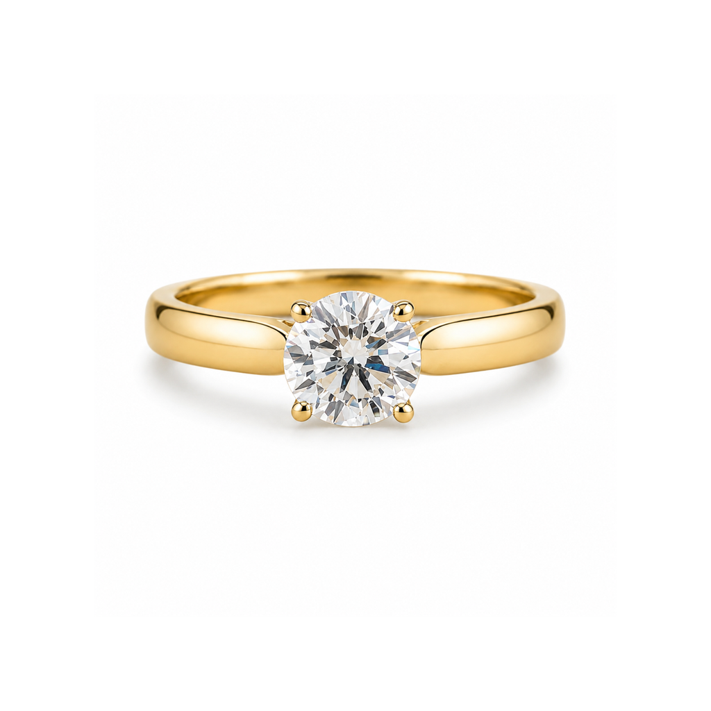 Clarisse solitaire engagement ring in yellow gold with a round diamond, viewed from above