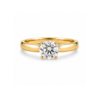 Clarisse solitaire engagement ring in yellow gold with a round diamond, viewed from above