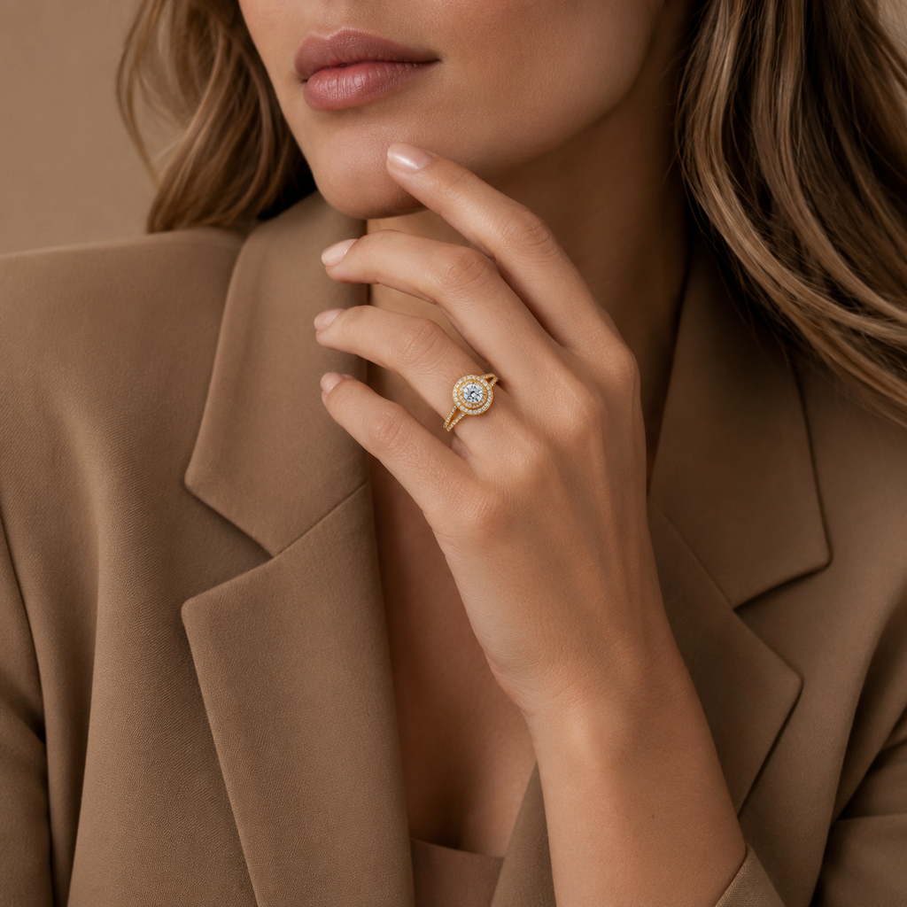 Manon engagement ring worn on a model's hand against a tan blazer