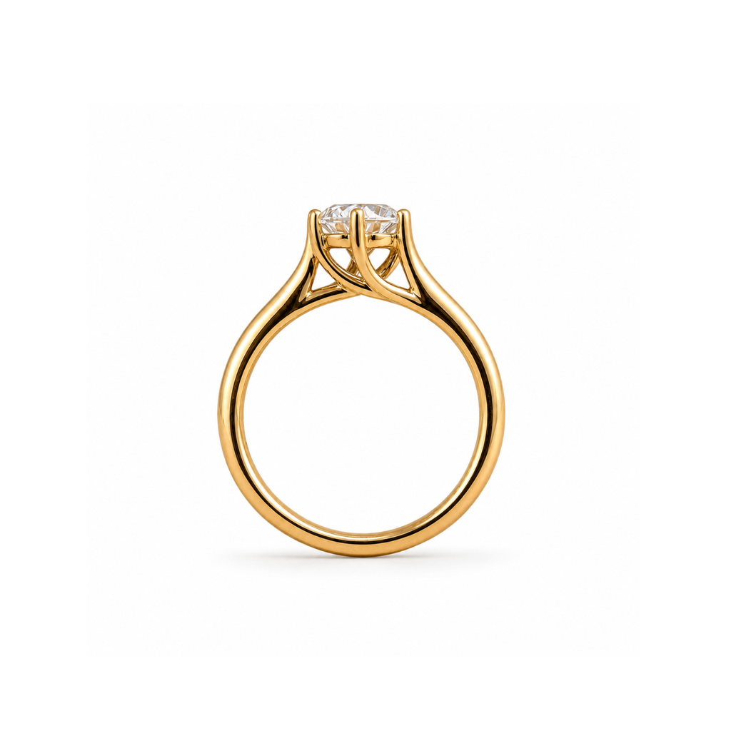 Side view of the Mariette solitaire ring showing its crossover band and open gallery