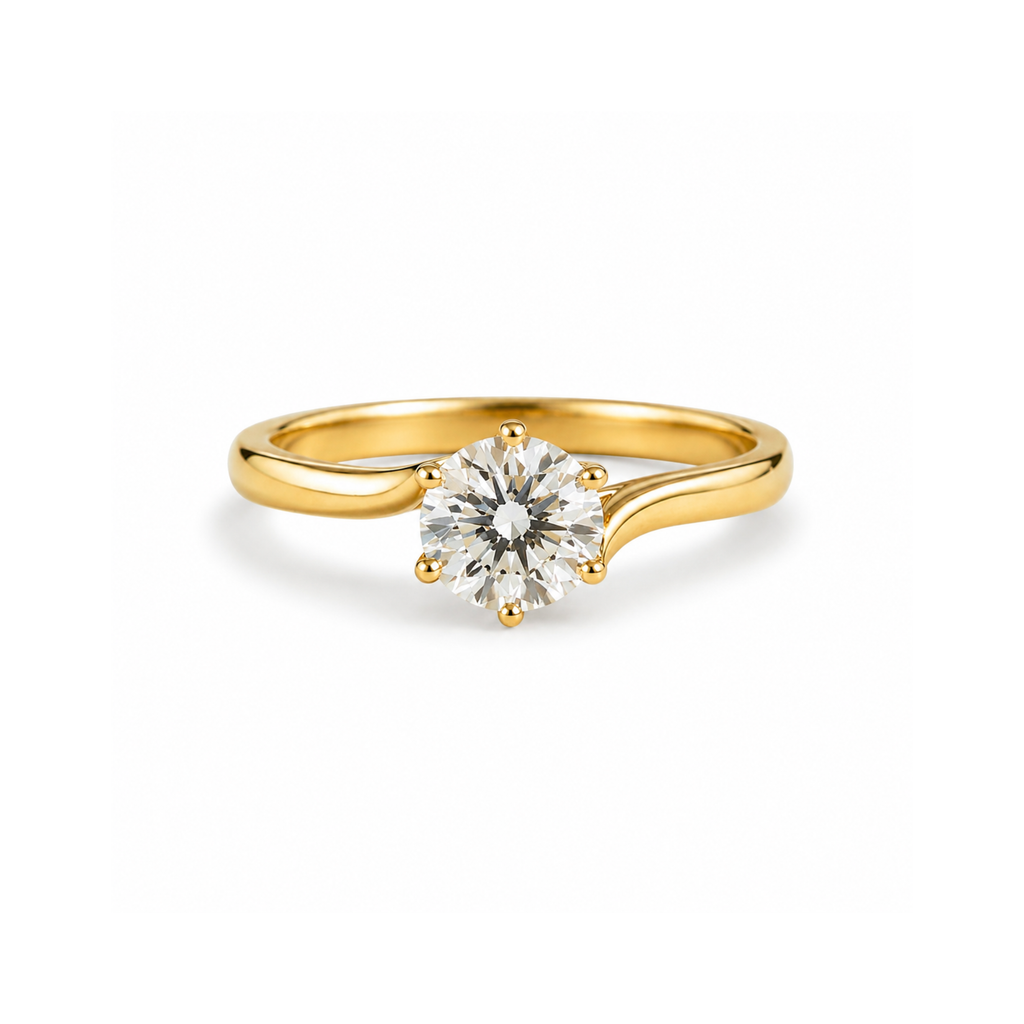 Solara solitaire engagement ring in yellow gold, round diamond held in 6 claws on a curved band