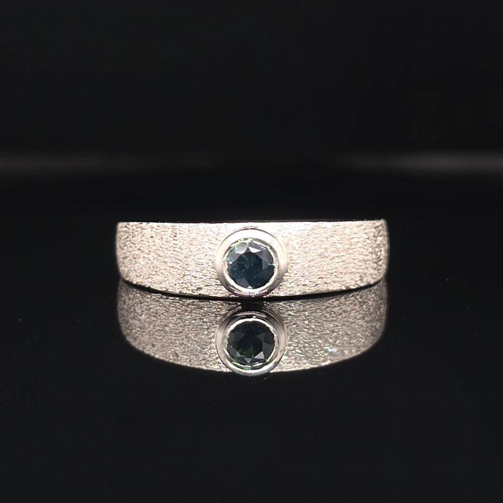Handcrafted Palladium Silver Ring with Australian Sapphire – Bezel Set, Textured Band (Size Q ½)