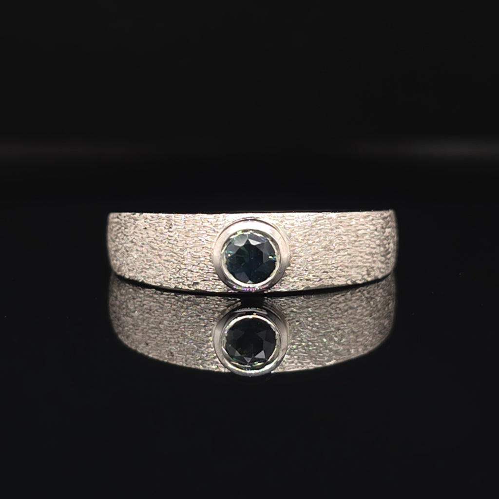 Handcrafted Palladium Silver Ring with Australian Sapphire – Bezel Set, Textured Band (Size Q ½)