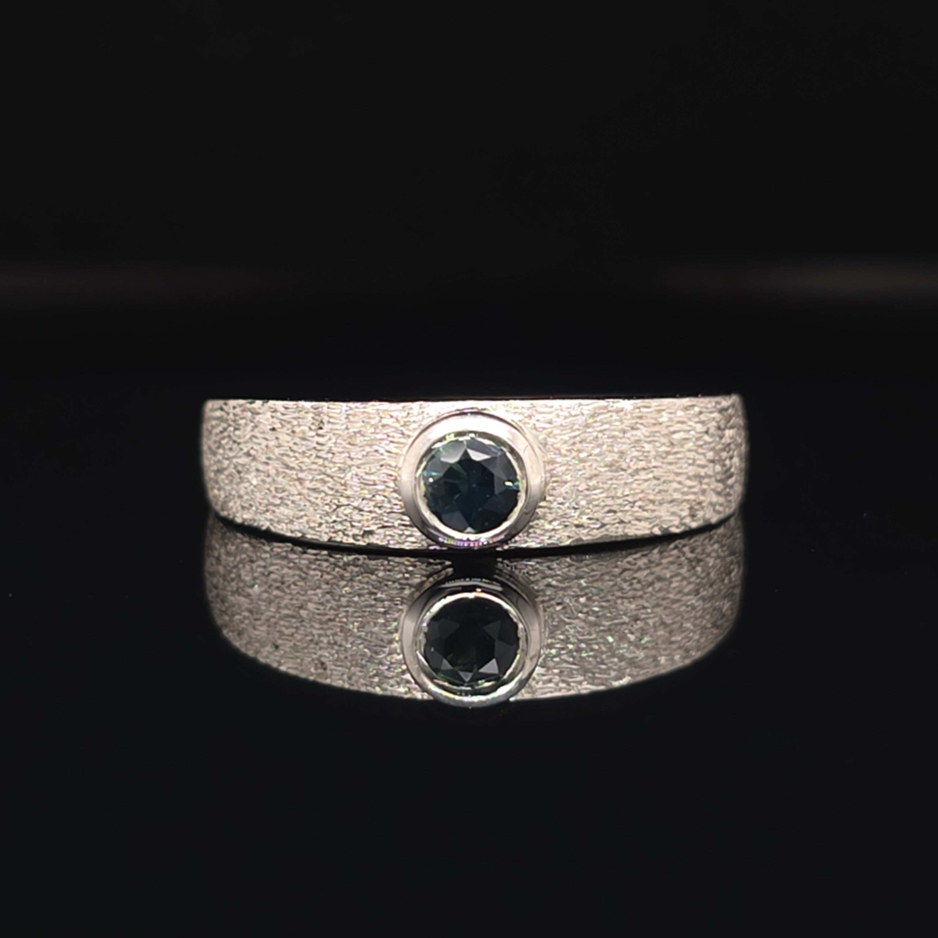 Handcrafted Palladium Silver Ring with Australian Sapphire – Bezel Set, Textured Band (Size Q ½)