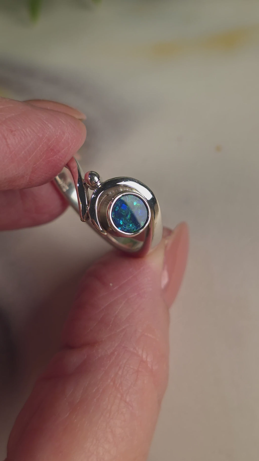 Handcrafted Boulder Opal Ring – Blue Green Flash | Palladium Silver | Size S