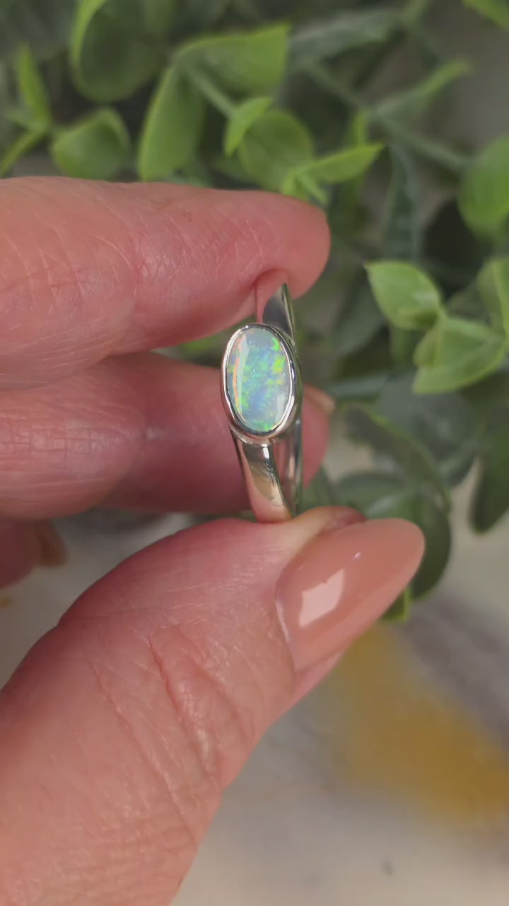 Oval Solid Opal Ring – Palladium Silver, Size W