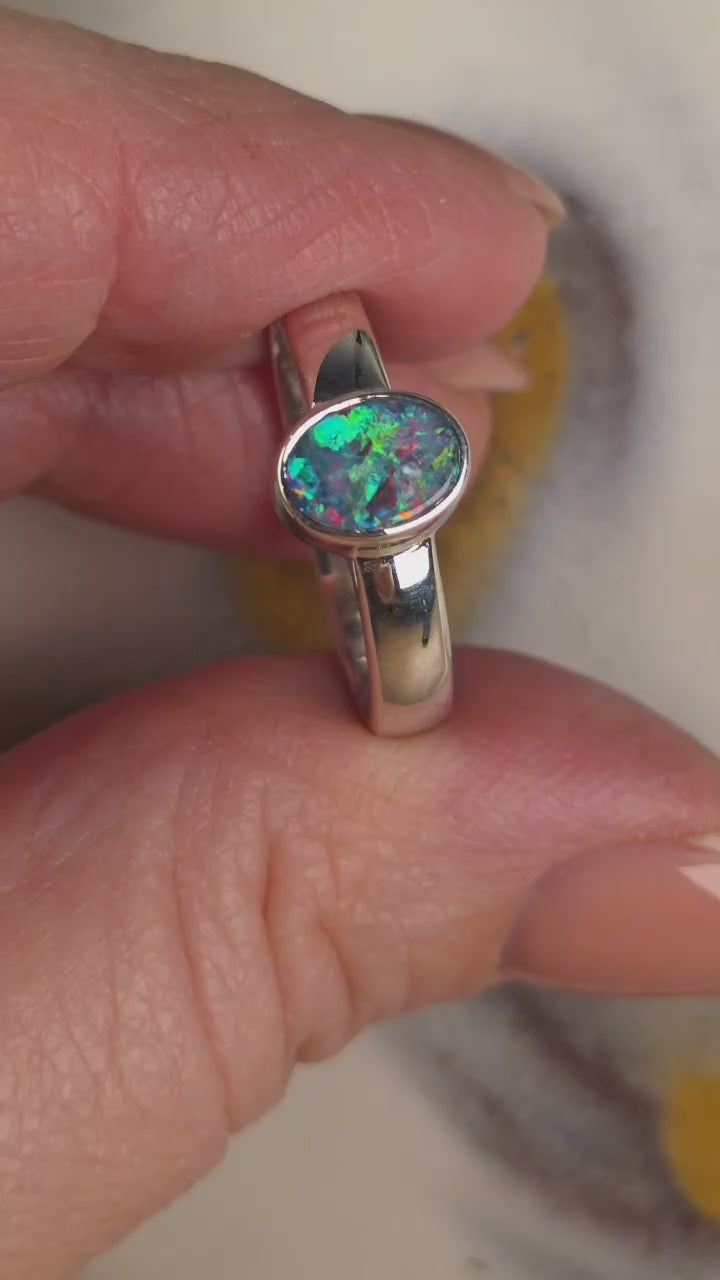 Coober Pedy Doublet Opal Ring – Palladium Silver, Size R