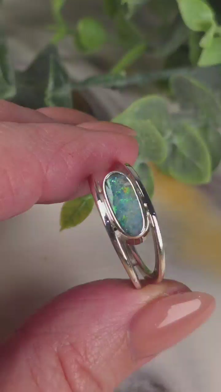 Elongated Opal Ring – Palladium Silver, Size Q