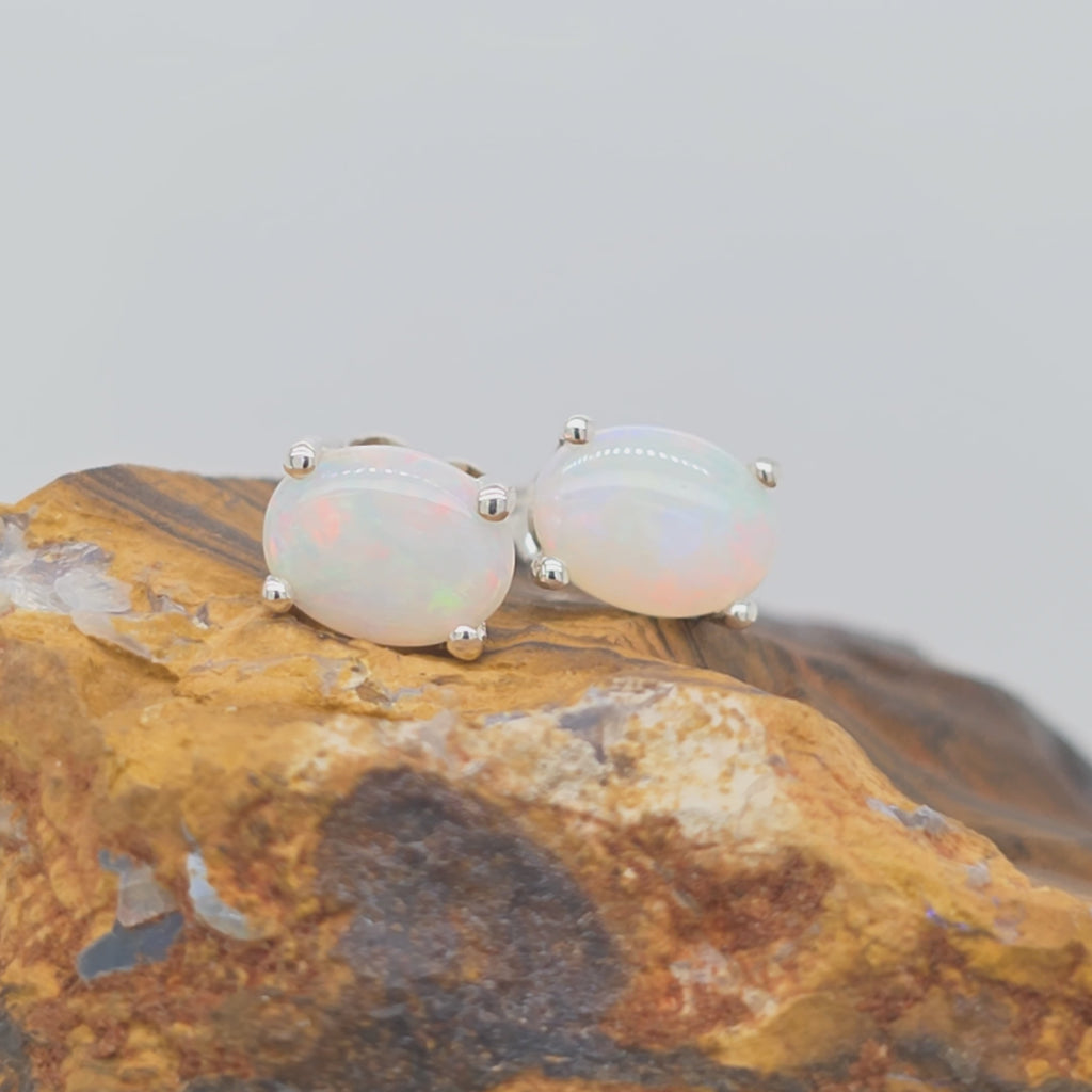 White Opal Studs – Sterling Silver, 8x6mm Oval Cut